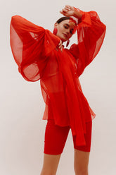 Red Silk Chiffon Shirt With Attached Scarf
