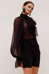 Black Silk Chiffon Shirt With Attached Scarf