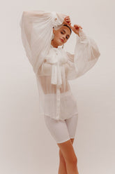 White Silk Chiffon Shirt With Attached Scarf