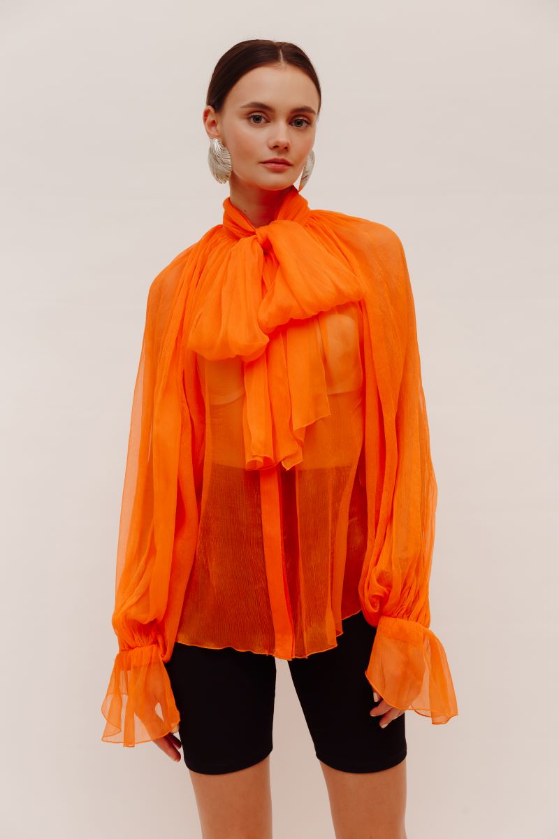 Orange Chiffon Shirt With Attached Scarf – ATU Body Couture