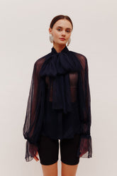 Navy Blue Chiffon Shirt With Attached Scarf