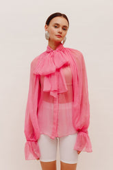 Pink Chiffon Shirt With Attached Scarf