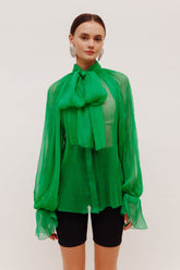 Green Chiffon Shirt With Attached Scarf