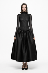 Black high neck tulle midi dress with taffeta skirt