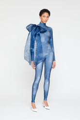 DENIM print catsuit with organza BOW