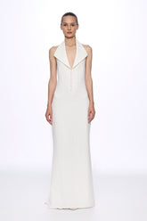 White halter-neck front buttons maxi dress