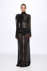 High neck sequin dress with organza bow detail