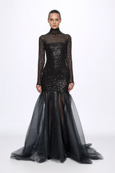 Turtleneck sequin and tulle gown dress