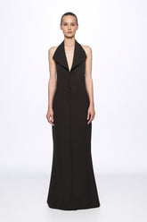 Black halter-neck front buttons maxi dress