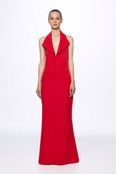 Red halter-neck front buttons maxi dress