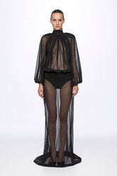 Polka-dot mesh bodysuit and maxi skirt set