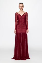 Ruched Tulle Gown in burgundy