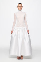 High neck red midi dress in white