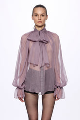 Levender Silk Chiffon Shirt With Attached Scarf