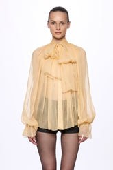 Yellow Gold  Silk Chiffon Shirt With Attached Scarf