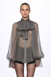 Grey Silk Chiffon Shirt With Attached Scarf