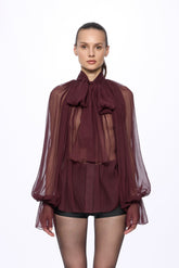 Wine Silk Chiffon Shirt With Attached Scarf