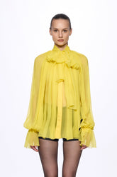Lemon Silk Chiffon Shirt With Attached Scarf