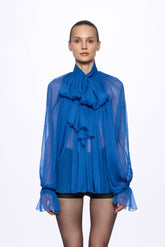 Blue Silk Chiffon Shirt With Attached Scarf