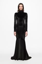 High neck black velvet gown