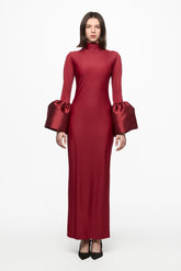 High neck midi dress with bell-sleeve in wine