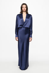 Navy V-neck long-sleeve gown