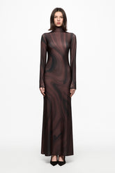 Roll-neck chocolate print maxi dress