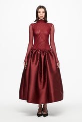 Wine high neck tulle midi dress with taffeta skirt