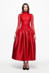 Red high neck tulle midi dress with taffeta skirt
