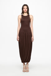 Sleeveless midi dress with rutched skirt