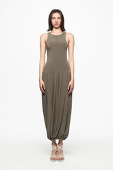 Sleeveless midi dress with rutched skirt in stone grey