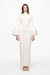High neck midi dress with bell-sleeve in white