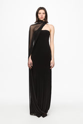 Black tube dress with incorporated tule cape