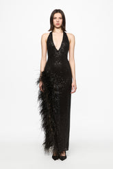 Feather-trim sequined maxi slip dress in black