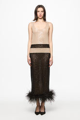 Feather-trim sequined midi dress