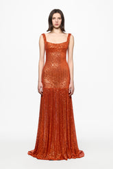 Corset bra orange sequined maxi dress