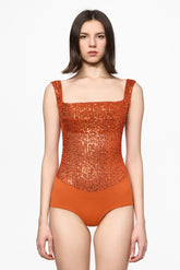 Orange sequin square neck bodysuit