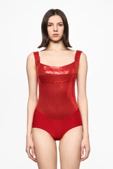 Red sequin square neck bodysuit