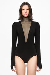Black bodysuit with a deep V-neck
