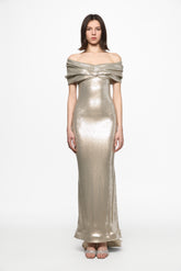 Silver off shoulder sequin gown