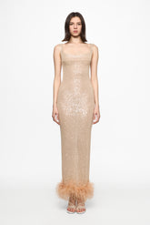 Nude sequin midi dress with feather trim