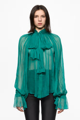 Pine Green Chiffon Shirt With Attached Scarf