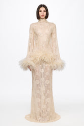 Long sleeved dress in vanilla with feather applications