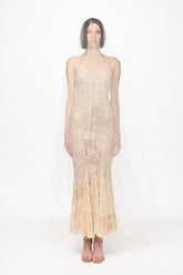 Corset bra cream sequined midi dress with veil