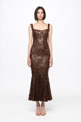Corset bra sequined midi dress in chocolate brown