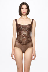 Sequin corset bodysuit in chocolate brown