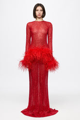 High neck sequin dress with feathers