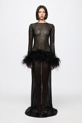 High neck sequin dress with feathers