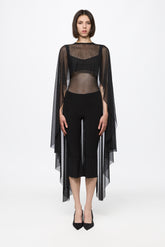 Black mesh with dots bodysuit and cape set