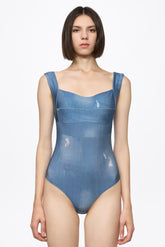 Corset bodysuit in denim print